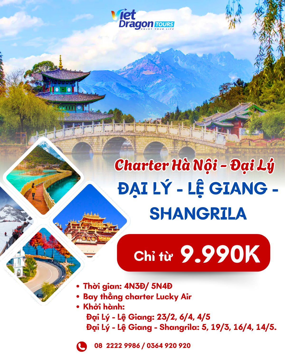 DU LỊCH TRUNG QUỐC: ĐẠI LÝ - LỆ GIANG - SHANGRILA  CHARTER LUCKY AIR 5N4Đ